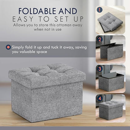 Ornavo Home Small Storage Ottoman Foldable Collapsible Rectangle Linen Ottoman Foot Rest Stool Seat, for Living Room, Bedroom, Home Office, Dorm - 12 x 16 x 12, Gray
