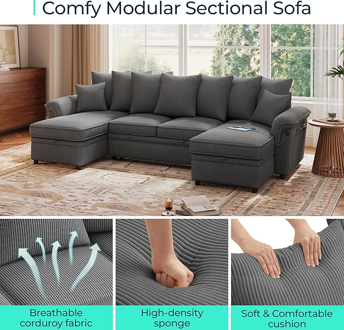 LINSY HOME Oversized Sectional Sleeper Sofa with Pull Out Couch Bed (Gray, 118.5'') | USB Charging