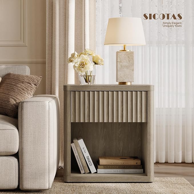 SICOTAS Night Stand Nightstand with Drawer Storage Fluted Bed Side Table End Table Large Modern Wide Bedside Stand Mid Century Night Stands for Bedroom Living Room Sofa Couch Home Office, Grey Alder
