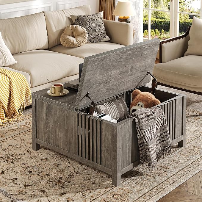 knoworld Farmhouse Lift Top Coffee Table with Storage, 35" Square Large Coffee Table with Hidden Compartment, Rustic Wood Center Table for Living Room, Grey Oak