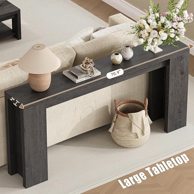 70.9 Inch Extra Long Console Table, Farmhouse Entryway Table with Thickened Base, Wood Sofa Table Behind Couch Table, Narrow Entryway Accent Table for Living Room, Hallway, Entrance, Foyer, Black
