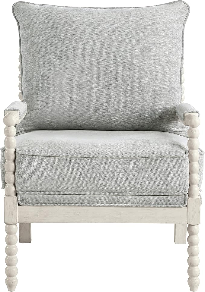 OSP Home Furnishings Kaylee Spindle Accent Chair with Antique White Wood Frame, Smoke Grey Fabric