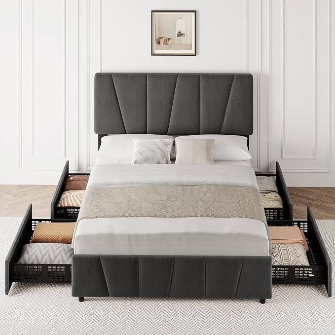 Full Size Bed Frame with Upholstered Headboard & 4 Storage Drawers with Wheels, Platform Bed Frame with Wooden Slat Support, Adjustable Headboard, No Box Spring Needed, Noise-Free, for Bedroom