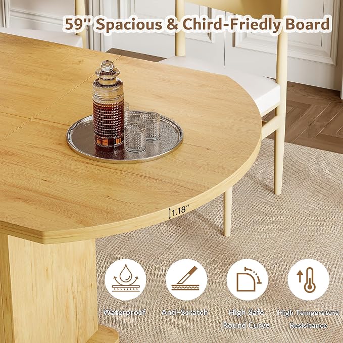 iPormis Round Dining Table for 4-6, 59'' Extendable Dining Room Kitchen Table with 2-Tier Storage Shelf, Modern Wood Dinner Table with Door & Pedestal Base, for Kitchen Living Room, Space Saving, Oak