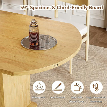 iPormis Round Dining Table for 4-6, 59'' Extendable Dining Room Kitchen Table with 2-Tier Storage Shelf, Modern Wood Dinner Table with Door & Pedestal Base, for Kitchen Living Room, Space Saving, Oak