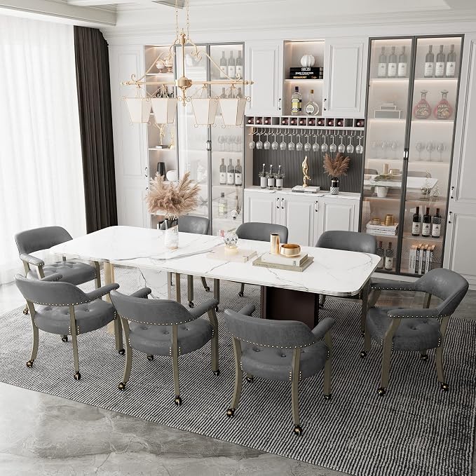 LEEMTORIG Set of 6 Dining Chairs with Casters and Arms, Rolling Dining Chairs with Wheels for Elderly, Ergonomic Wide Seat Wooden Office Desk Chair, 26"Dx25.2"W, Grey Legs&Dark Grey Fabric SY-1318-GY