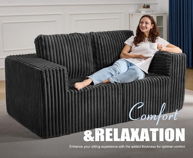 Modular Sectional Sofa 2 Seater Loveseat Modular Couch with Deep Seat Memory Foam Cloud Chair with Pillows Oversized Sectional Sofa for Living Room Bedroom (Strip Grey, Loveseat)