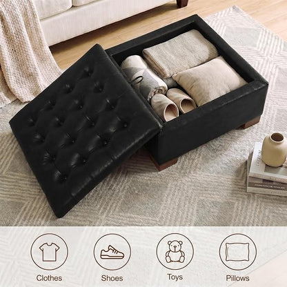30 Inch Square Storage Ottoman Coffee Table, Modern Tufted Upholstered Ottoman with Flip Tray and Solid Wood Legs, Suitable for Living Rooms, Faux Leather Black