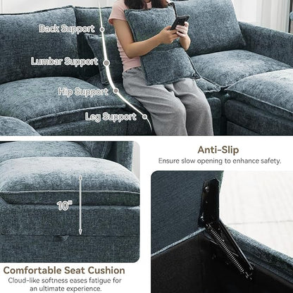 105" Blue Modular Storage Sofa, U Shaped Chenille Couch with 2 Ottomans | Oversized Convertible Sectional Sofa, 6-Seat Sectional Couch With 2 Ottomans, Large Cloud Couch For Living Room, Apartment.