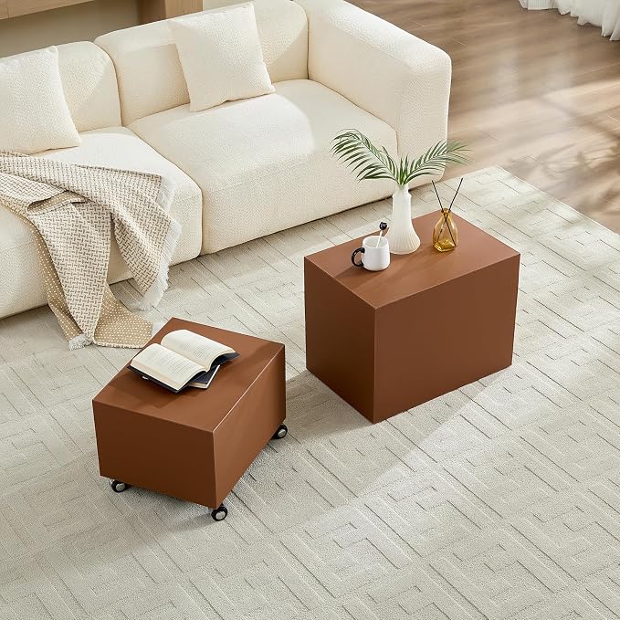 Rolling Modern Coffee Table Set of 2 with Wheels, Leather Square Coffee Table and End Table Sets, Minimalist Center Table, Luxury Wooden Cube Side Table for Living Room Bedroom Apartment,Brown