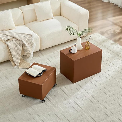 Rolling Modern Coffee Table Set of 2 with Wheels, Leather Square Coffee Table and End Table Sets, Minimalist Center Table, Luxury Wooden Cube Side Table for Living Room Bedroom Apartment,Brown