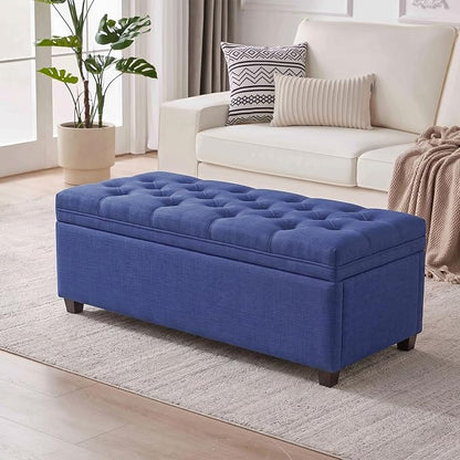 Mangodan Storage Ottoman Bench, Tufted Ottoman with Storage for Living Room, Large End of Bed Ottomans, Modern Entryway Benchs (Blue, 43 Inch)