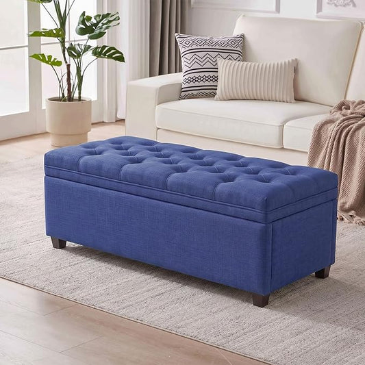 Mangodan Storage Ottoman Bench, Tufted Ottoman with Storage for Living Room, Large End of Bed Ottomans, Modern Entryway Benchs (Blue, 43 Inch)