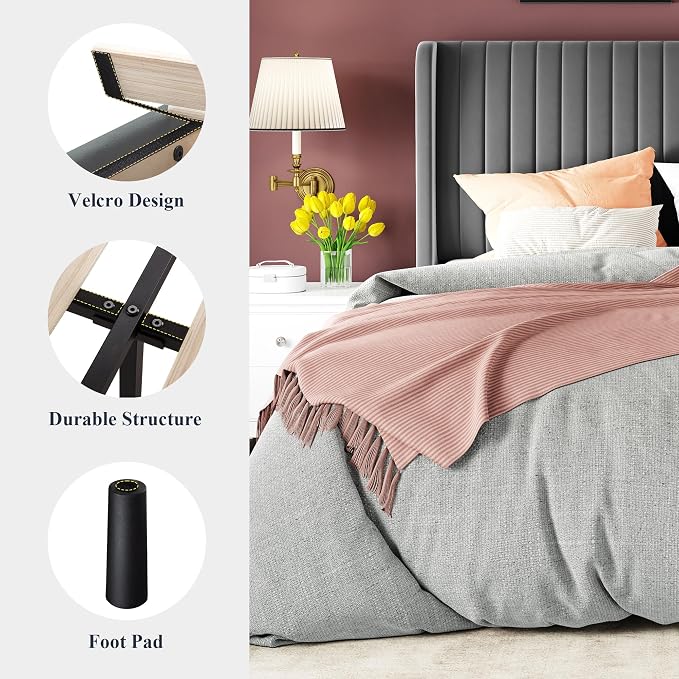 Allewie King Size Velvet Bed Frame/Vertical Channel Tufted Wingback Headboard/Upholstered Platform Bed/No Box Spring Needed/Strong Wooden Slats/Easy Assembly/Grey