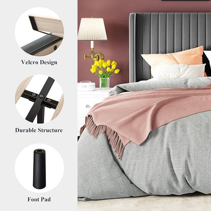 Allewie Queen Size Velvet Bed Frame/Vertical Channel Tufted Wingback Headboard/Upholstered Platform Bed/Strong Wooden Slats/No Box Spring Needed/Easy Assembly/Grey
