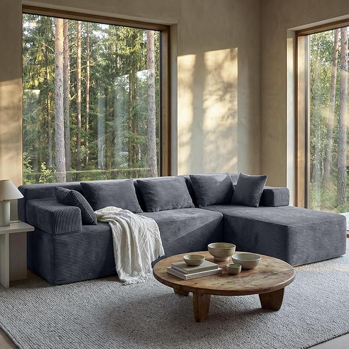 MONVANE 106" Cloud Sectional Couch with L-Shaped Chaise, Modular Sectional Sofa with Deep Seat and Removable Armrests, Comfy Corduroy Boneless Couches for Living Room, No Assembly Required, Grey