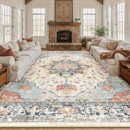 RELEANY Area Rugs Large 10'x12' Washable Non-Slip, Floral Vintage Distress Medallion Carpet for Living Room Bedroom Dining Room, Beige Navy Blue Orange Colorful