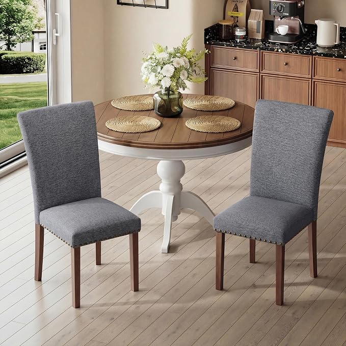 COLAMY Upholstered Parsons Dining Chairs Set of 4, Fabric Dining Room Kitchen Side Chair with Nailhead Trim and Wood Legs - Dark Grey
