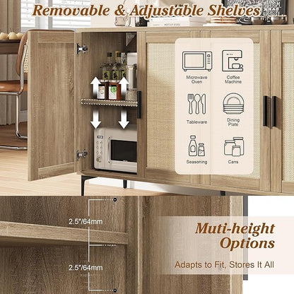 JASIWAY Buffet Cabinet with Storage, 48" Rattan Coffee Bar Cabinet Station | Accent Sideboard with Adjustable Shelves, Credenza for Dining Room, Kitchen, Living Room, Entryway, Anti-Tip, Wood