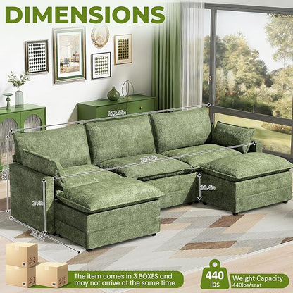 LEVELEVE 112.5" U-Shape Modular Sofa with 2 Ottomans, Deep Seat Cloud Convertible Sleeper, 2 Arm Pillows, Comfortable Upholstered Furniture for Living Room Apartment, Green