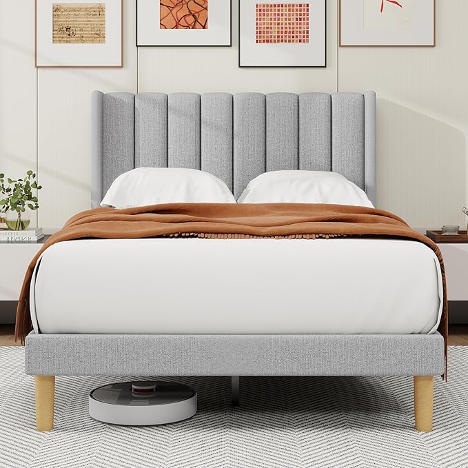 alazyhome Platform Bed Frame Full Size with Upholstered Headboard, Solid Wood Slats Support, No Box Spring Needed, Noise Free, Easy Assembly, Modern Fabric Bed, Light Grey
