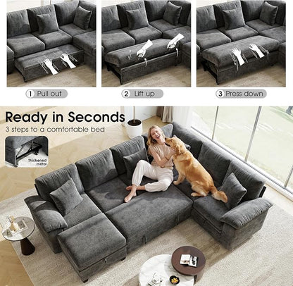 107.8" Modular Sectional Sleeper Sofa with Pull Out Bed, U Shaped 7 Seat Couch with 221L Storage, Convertible Cloud Couch Bed with Ottoman, Sectional Couches for Living Room, Apartment (Gray)