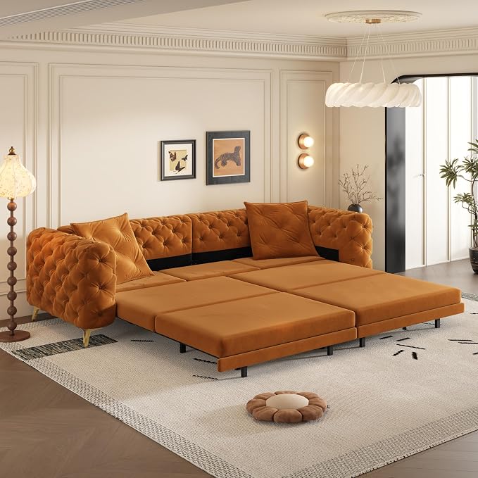 97.7" Convertible Queen Sleeper Sofa with Ottoman - Button Tufted Pull Out Sofa Bed, Velvet King Size Couch Bed & Vintage Deep Seat 4-Seater Couch for Small Spaces, Apartment & Living Room, Orange | Button Tufted