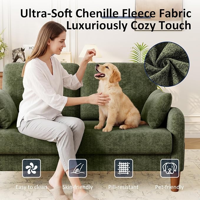 Vipbear 48" Loveseat Sofa,Modern Small Couches for Small Spaces,Green Chenille Love Seat Couch for Living Room,Bedroom,Apartment,Office,Deep Seat,Throw Pillow,Side Pockets,Curved Armrest
