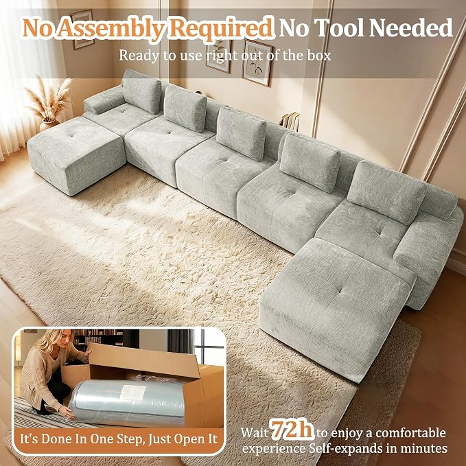 196" U Shaped Oversized Boneless Couch, Comfort Cloud Sectional Couches for Living Room, Modular Sofa High Back & Extra Deep Seat, No Assembly, Soft Chenille(Light Grey, 196 inch-U shaped（5+2）)