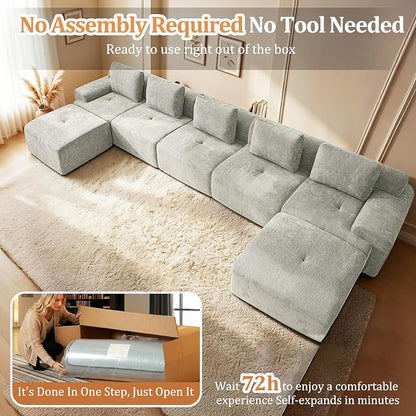 196" U Shaped Oversized Boneless Couch, Comfort Cloud Sectional Couches for Living Room, Modular Sofa High Back & Extra Deep Seat, No Assembly, Soft Chenille(Light Grey, 196 inch-U shaped（5+2）)