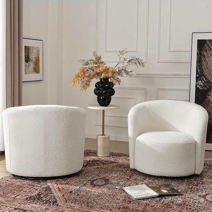 KINWELL 34" W Swivel Barrel Chair Set of 2, Mid Century Modern Round Upholstered Boucle Swivel Accent Chairs, No Assembly Sofa Chair for Living Room Bedroom Reading, Cream