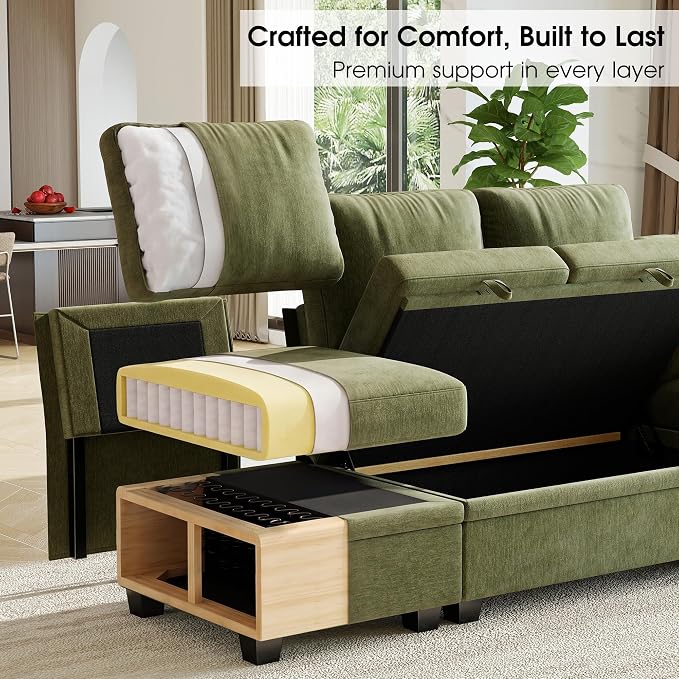 107.8" Modular Sectional Sleeper Sofa with Pull Out Bed, U Shaped 7 Seat Couch with 221L Storage, Convertible Cloud Couch Bed with Ottoman, Sectional Couches for Living Room, Apartment (Green)