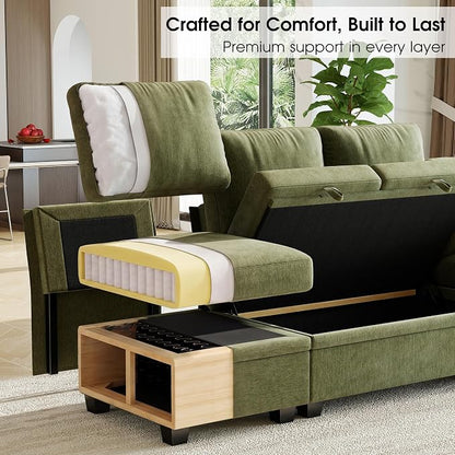 107.8" Modular Sectional Sleeper Sofa with Pull Out Bed, U Shaped 7 Seat Couch with 221L Storage, Convertible Cloud Couch Bed with Ottoman, Sectional Couches for Living Room, Apartment (Green)