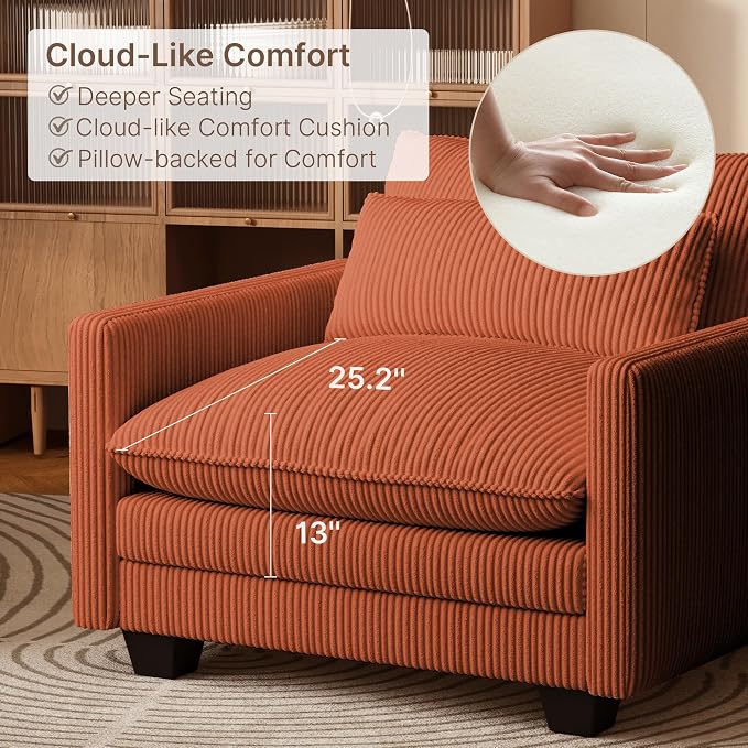 Gizoon Cloud Accent Chair with Washable Cover, Corduroy Single Sofa Chair with Comfy Deep Seat, Modern Armchair with Pillow for Living Room Bedroom, Orange