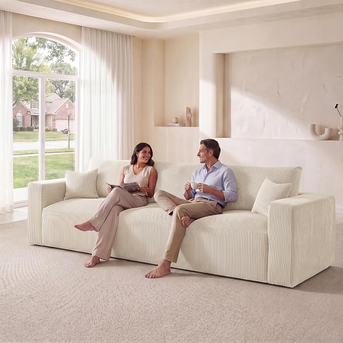 Modular Sectional Sofa, 115" Memory Foam Cloud 3-Seater Boneless Couch, Cozy Upholstered Corduroy Frameless Sofa, No Assembly Required Extra Wide Seating for Living Room & Apartment, Beige