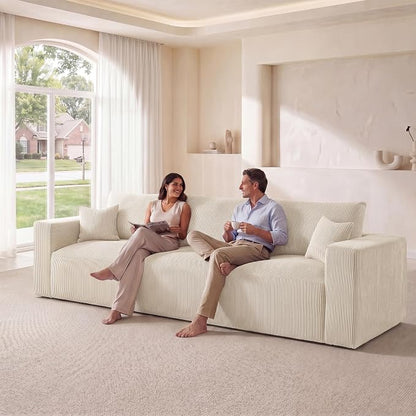 Modular Sectional Sofa, 115" Memory Foam Cloud 3-Seater Boneless Couch, Cozy Upholstered Corduroy Frameless Sofa, No Assembly Required Extra Wide Seating for Living Room & Apartment, Beige