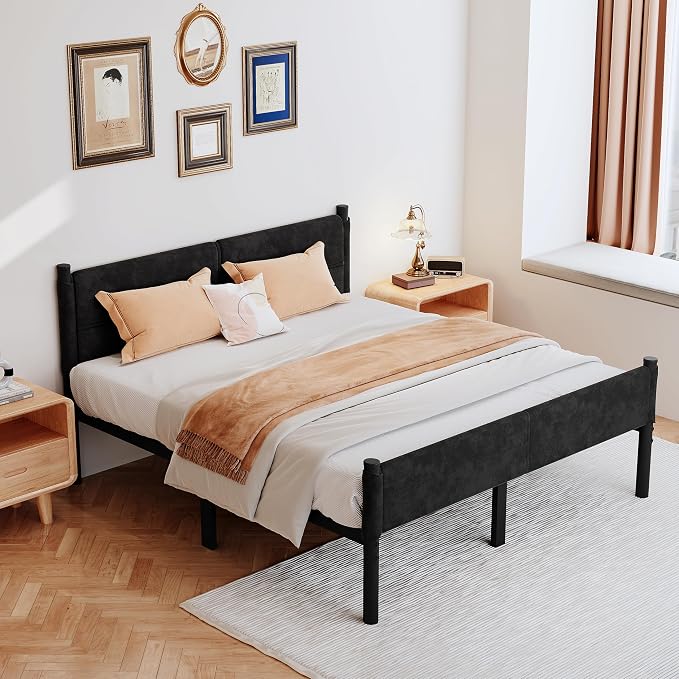 Metal Bed Frame,14Inch Queen Size Bed Frame with Storage Space,Heavy Duty Sturdy Mattress Foundation,Easy Assembly,No Box Spring Needed,Black Queen
