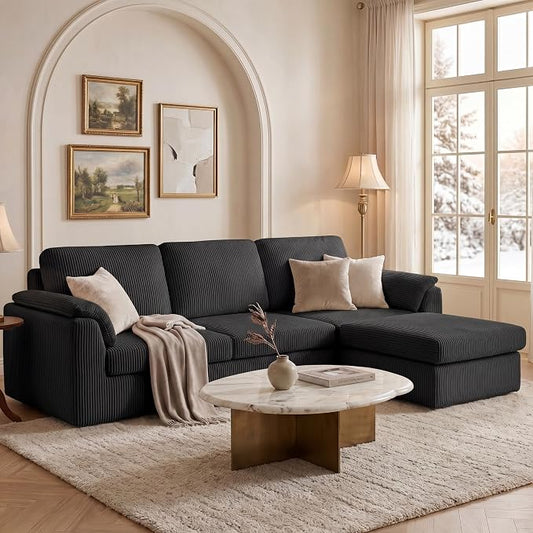 Sectional Couches for Living Room Cloud Couch with Ottoman, Upholstered Boneless Couches Modern Modular L Shaped Couch 3 Seater Sofa, No Assembly, Washable Covers, Black