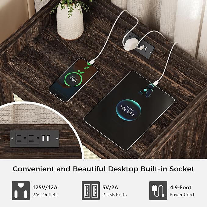 Luoxiao Nightstand Set of 2 with Charging Station - 4 Outlets & 4 USB Ports, Rattan Drawers Side Table, Boho Wood Bedside Tables End Table for Bedroom, Small Space, Easy Assembly (15.4"x23.6"x21.5")