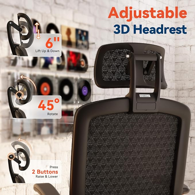 GABRYLLY Ergonomic Office Chair, High Back Home Desk Chair with Flip-Up Arms, 3D Headrest, Thick Sponge Seat &90-120° Recline, Big and Tall Mesh Executive Chairs for Man Woman, Black Woodgrain