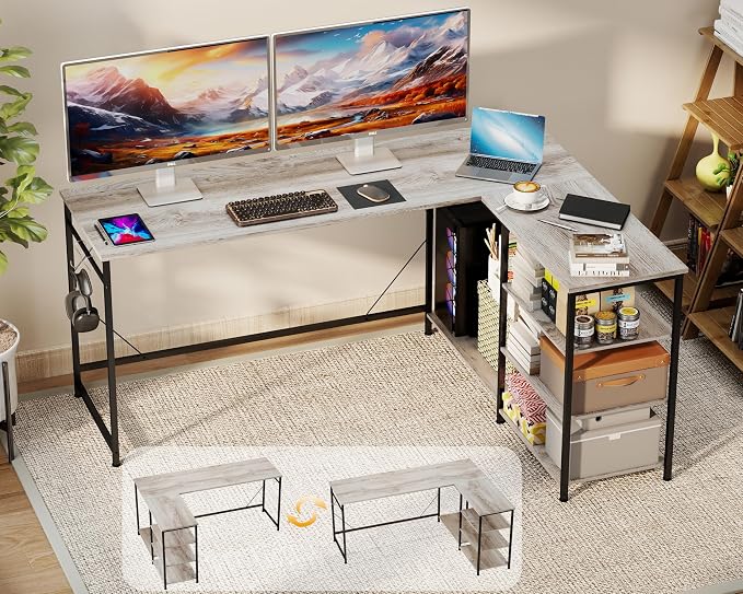 YOSHOOT 63" L Shaped Computer Desk, Gaming Desk | Office Desk with Open Shelves, Corner Desk L Shape for Home Office Work Study, Grey