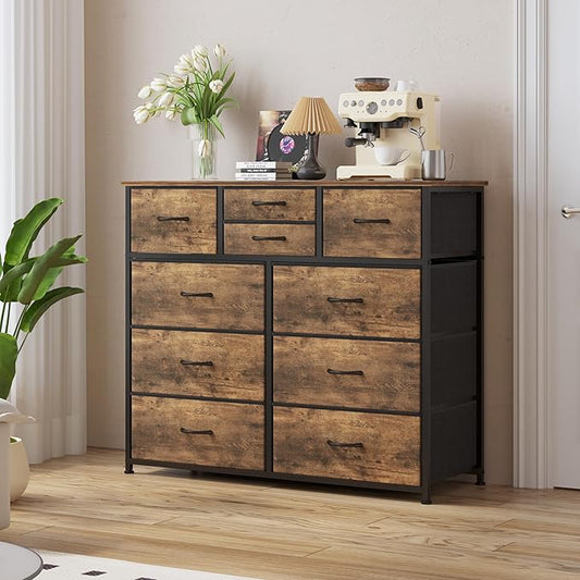 LUMTOK 10-Drawer Dresser, Fabric Storage Tower with Drawers for Bedroom, Dresser Drawer with Handle for Bedroom, Living Room, Hallway, Closets & Nurseryteel Frame, Wood Top (10 Drawer/Rustic Brown)