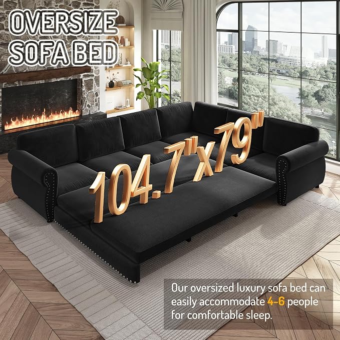 118" L-Shaped Sleeper Couch Bed - Oversize Convertible with Pull-Out Sofa Bed, Button Tufted Chesterfield Sofa, Chenille Sectional Vintage Couches for Living Room/Apartment(6-Seater, Black)