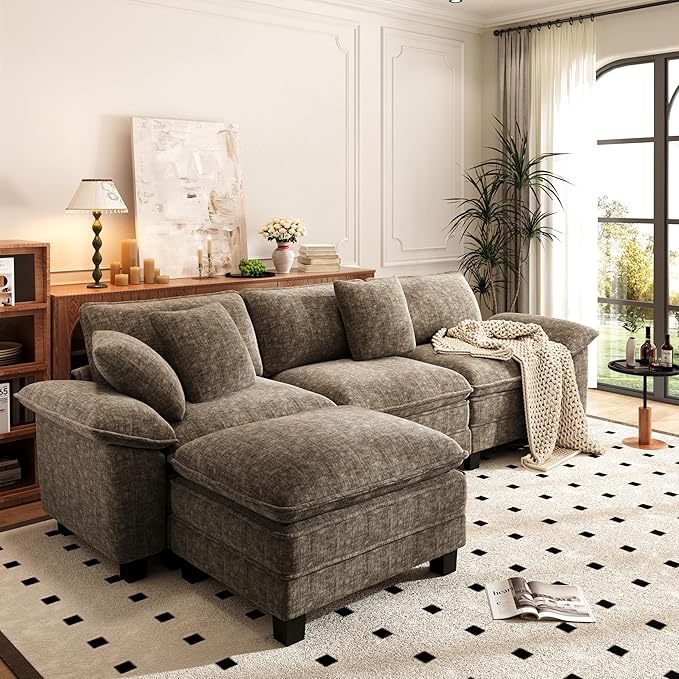 PHI VILLA Cloud Modular Couch Sets, 123.6" Sectional Sofa with L-Shaped Chaise, 4-Seater Upholstered Couches with Movable Ottoman for Living Room, Chenille Grayish Brown