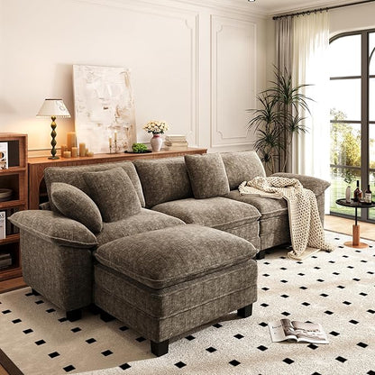 PHI VILLA Cloud Modular Couch Sets, 123.6" Sectional Sofa with L-Shaped Chaise, 4-Seater Upholstered Couches with Movable Ottoman for Living Room, Chenille Grayish Brown