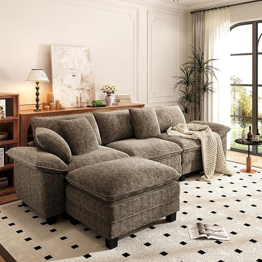 PHI VILLA Cloud Modular Couch Sets, 123.6" Sectional Sofa with L-Shaped Chaise, 4-Seater Upholstered Couches with Movable Ottoman for Living Room, Chenille Grayish Brown