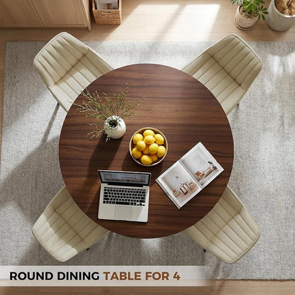 Miereirl 47.3 Inch Round Dining Table Set for 4, Round Kitchen Table with Chairs, Space Saving Dining Room Table Set with Storage Shelf for Apartment Kitchen Dining Room, Walnut Table+4 Beige Chairs