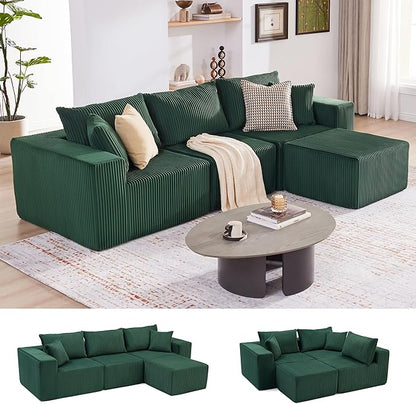 Weture 107.4" Cloud Couch Sectional, Modular Sofa with Deep Seat, Plush Corduroy L Shaped Boneless Couch, Convertible Sectional Couches for Living Room, 4Seat, Green