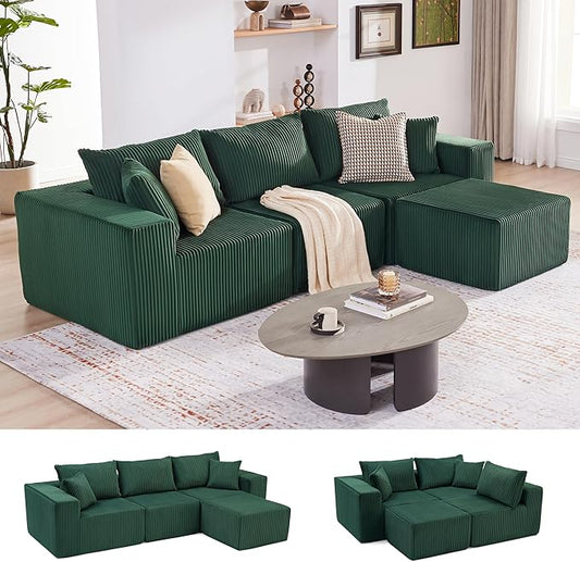 Weture 107.4" Cloud Couch Sectional, Modular Sofa with Deep Seat, Plush Corduroy L Shaped Boneless Couch, Convertible Sectional Couches for Living Room, 4Seat, Green
