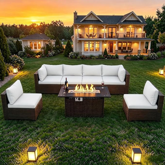 LAFWELL 8-Piece Wicker Patio Conversation Set with 44" Propane Fire Pit Table, Cozy Outdoor Sectional Sofa for Backyard Gatherings, Poolside Lounging & Garden Parties